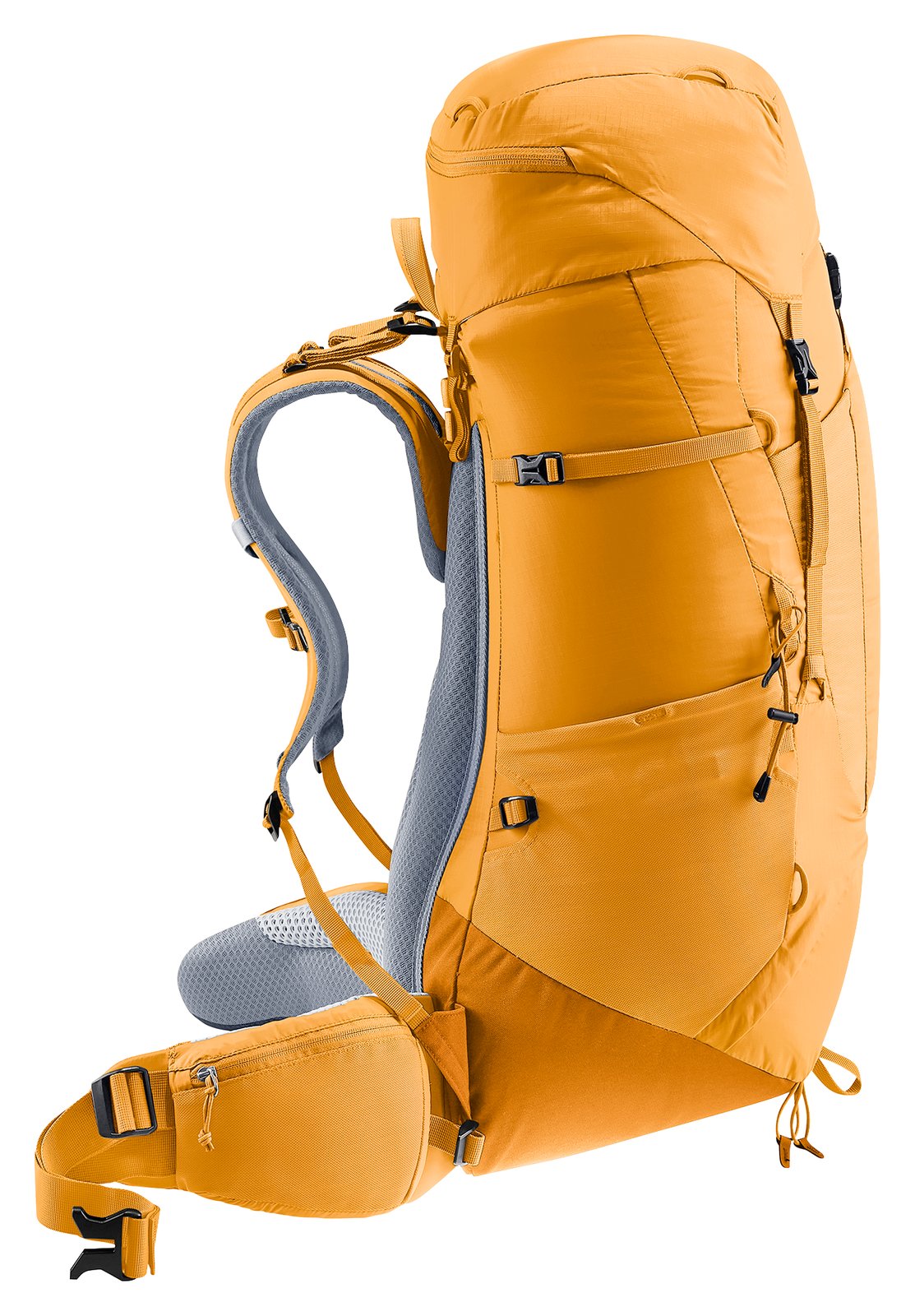 Deuter Aircontact Lite 50 + 10 in Amber Maple, side profile with side pocket and hip fin