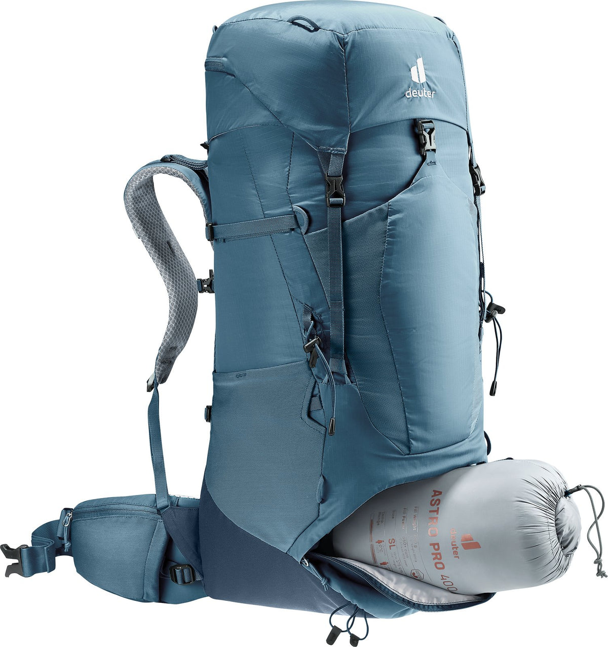 Deuter Aircontact Lite 50 + 10 in Atlantic Ink with a sleeping bag in the lower section, zip opened