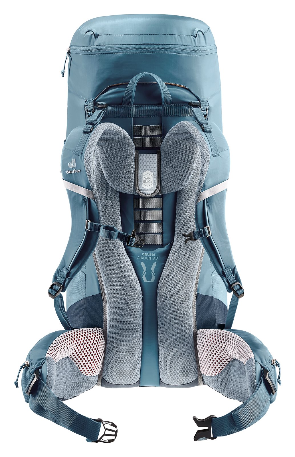 Back of the Deuter Aircontact Lite 50 + 10 in Atlantic Ink showing the VariQuick ladder and foam back pads