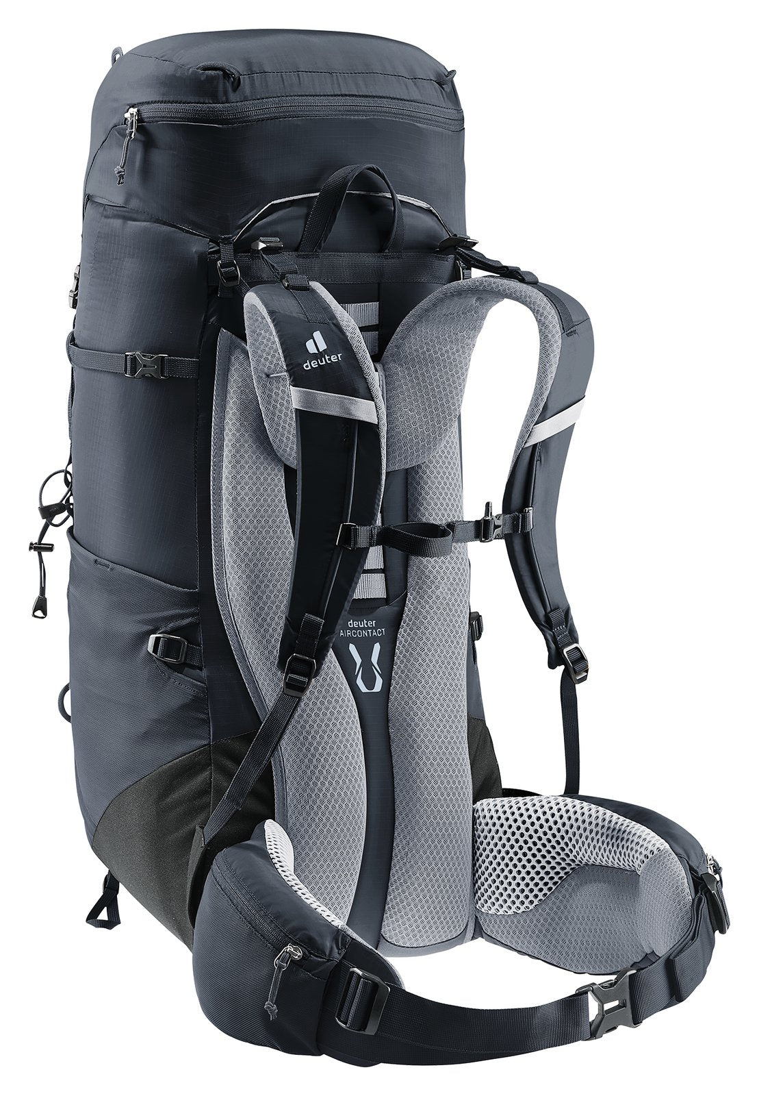 Deuter Aircontact Lite 50 + 10 in Black Graphite, rear three-quarter view of the padded hip belt