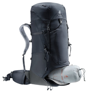 Deuter Aircontact Lite 50 + 10 in Black Graphite, lower section opened with a sleeping bag inside