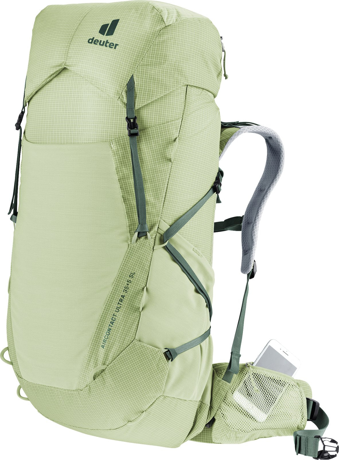 Deuter Aircontact Ultra 35+5 SL with a phone in the hip fin pocket area, side view