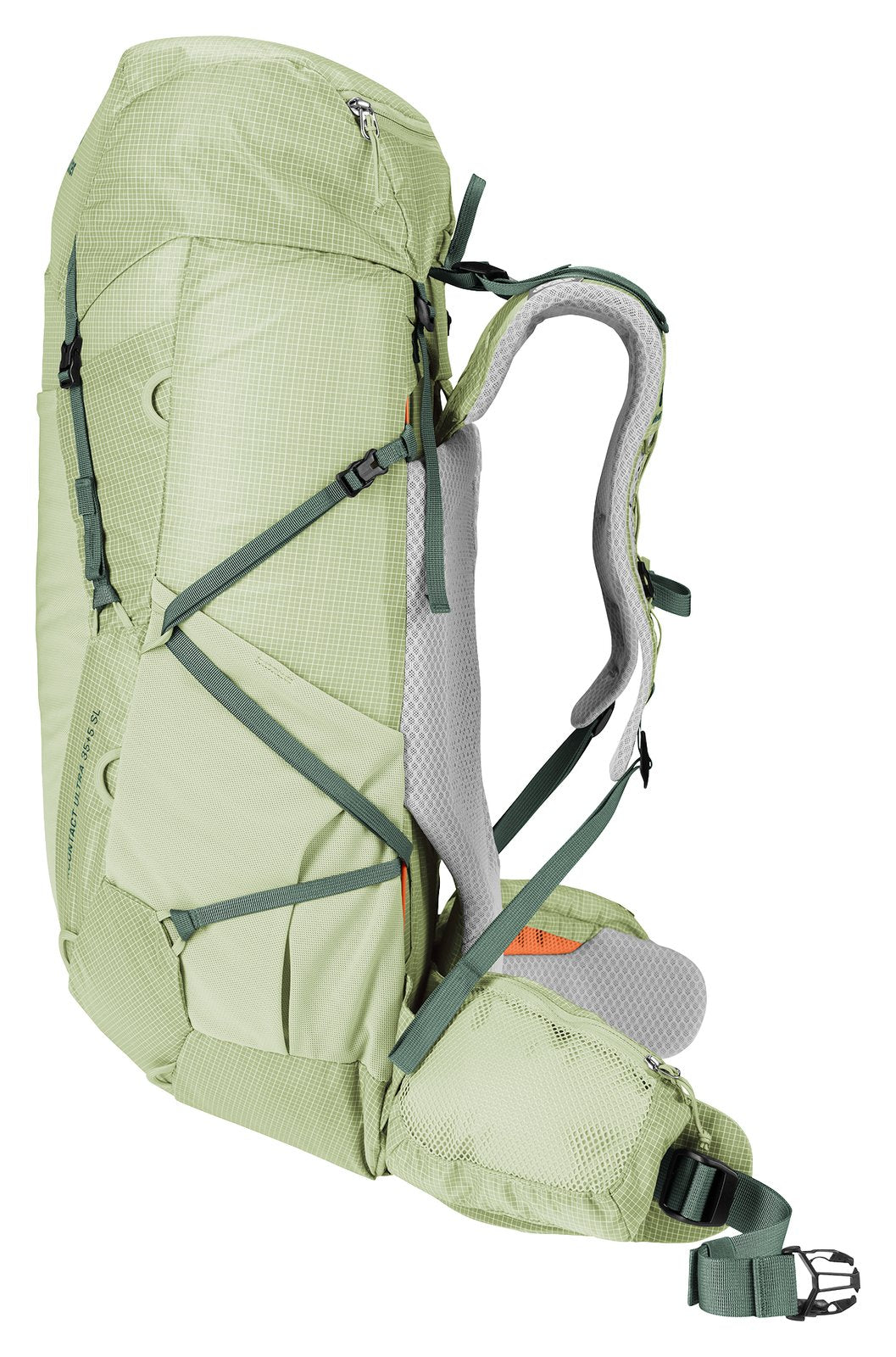 Deuter Aircontact Ultra 35+5 SL in Mineral Ivy, side view with mesh side pocket
