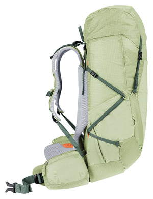 Deuter Aircontact Ultra 35+5 SL in Mineral Ivy, side profile with compression straps and hip fin
