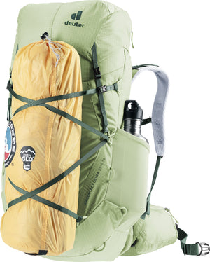 Deuter Aircontact Ultra 35+5 SL carrying a yellow stuff sack on the front with modular gear straps