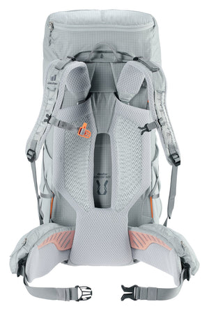 Back of the Deuter Aircontact Ultra 45+5 SL showing Aircontact padding, hip fins and sternum strap