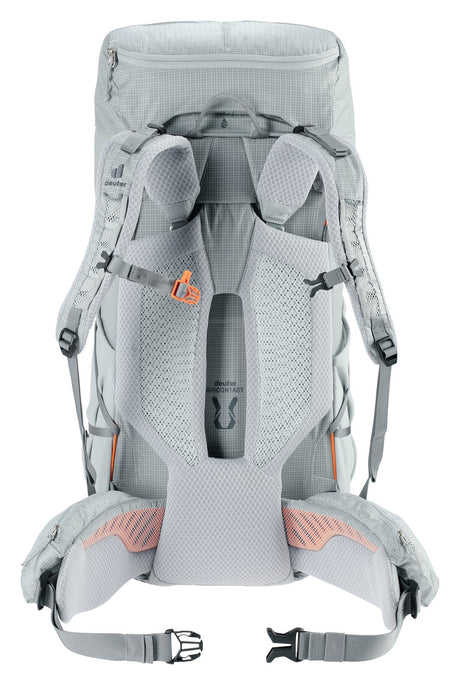Back of the Deuter Aircontact Ultra 45+5 SL showing Aircontact padding, hip fins and sternum strap