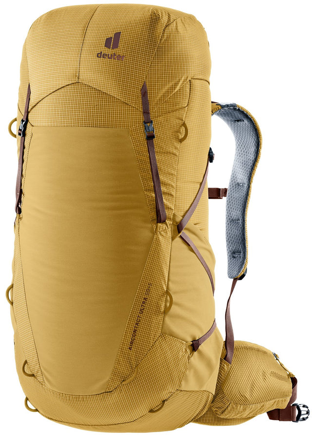 Deuter Aircontact Ultra 50+5 trekking pack in Savanna Raisin, mustard body with raisin-brown straps