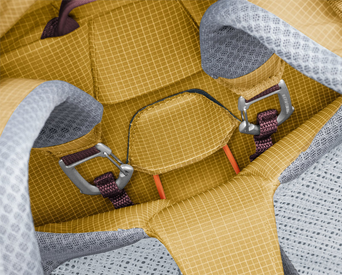 Close-up of the Clip & Loop back length adjustment on the Deuter Aircontact Ultra 50+5 harness