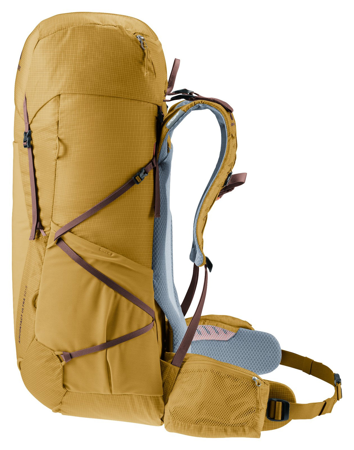 Deuter Aircontact Ultra 50+5 front three-quarter view with crossed modular gear straps