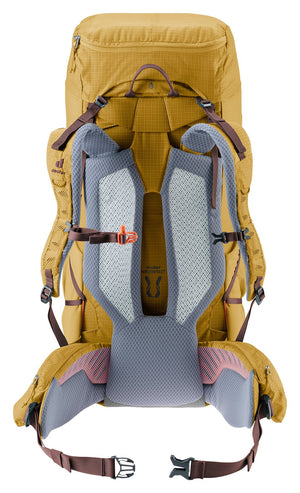 Back of the Deuter Aircontact Ultra 50+5 showing the Air Spacer mesh pads, shoulder straps and hip fins