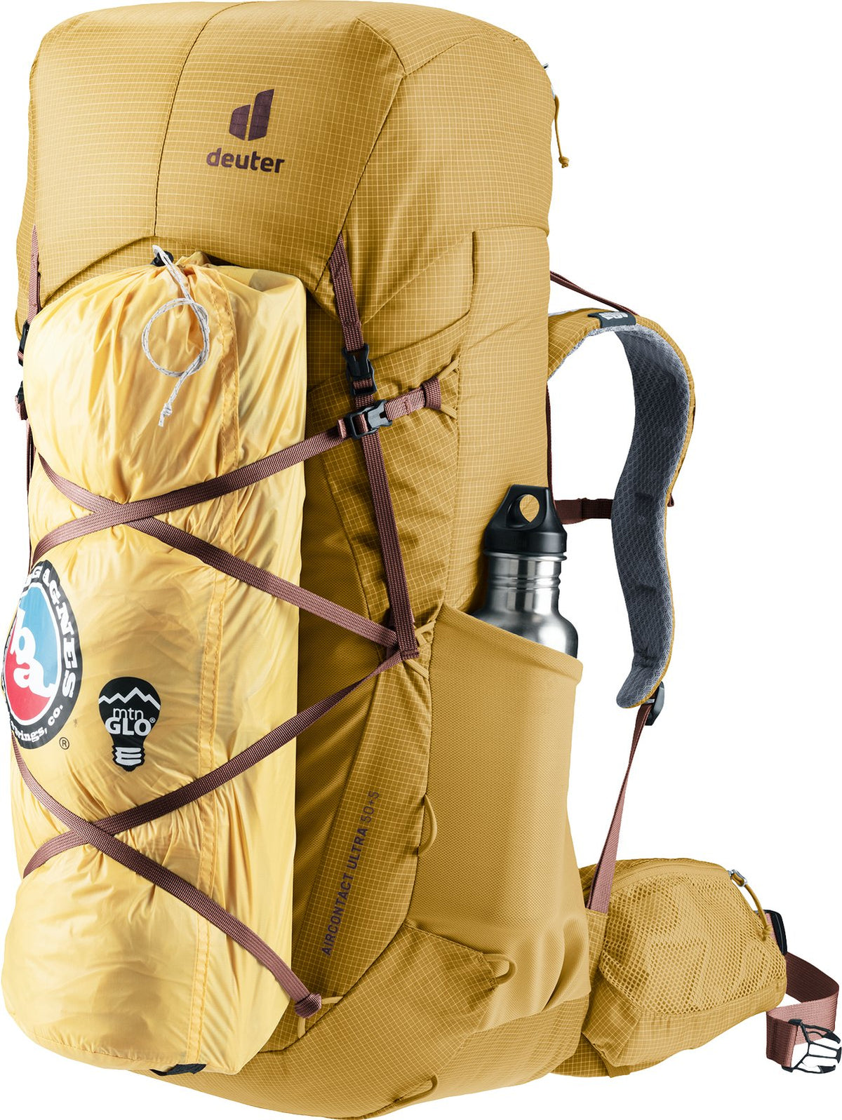 Deuter Aircontact Ultra 50+5 with a yellow stuff sack strapped to the front and a bottle in the side pocket