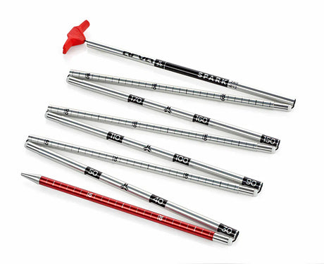 Arva Spark 240 probe sections laid out, silver tubes with depth numbers, red tip and red pull handle