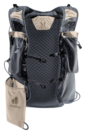 Deuter Ascender 13 in Alu, harness view with soft flask pouches and the sand pole holster