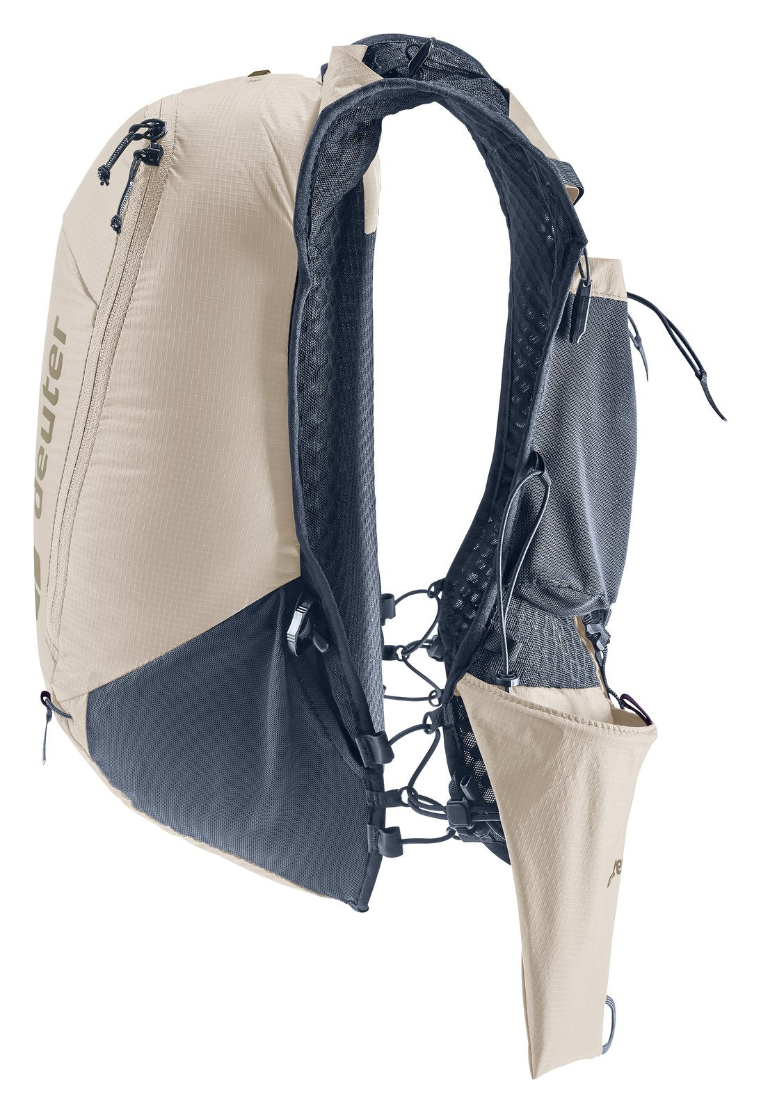 Deuter Ascender 13 in Alu, rear three-quarter view with the pole holster swung out