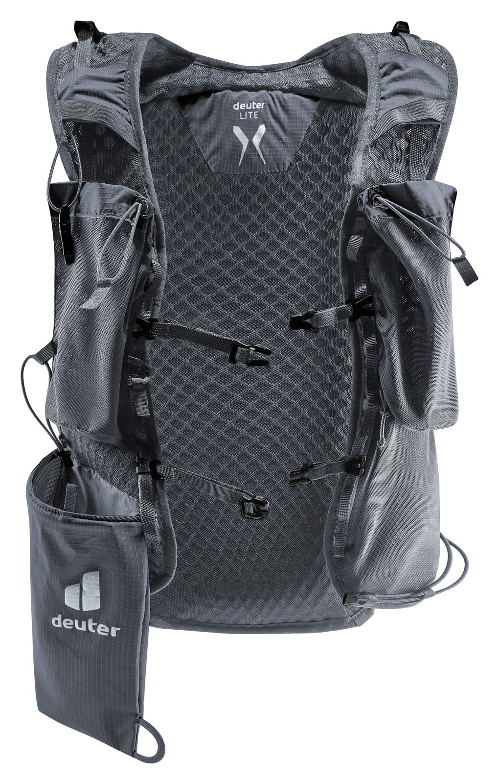 Front of the Deuter Ascender 13 harness in Black showing soft flask pouches and the pole holster