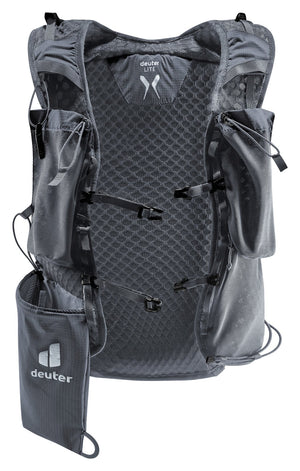 Front of the Deuter Ascender 13 harness in Black showing soft flask pouches and the pole holster