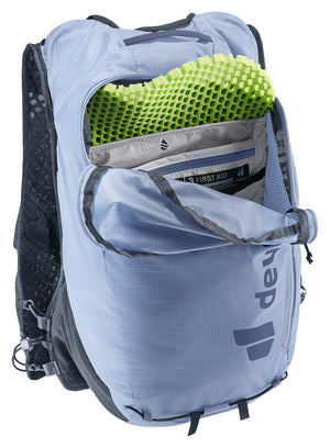 Deuter Ascender 13 in Polar with the main zip open, showing a green foam pad and inner pockets