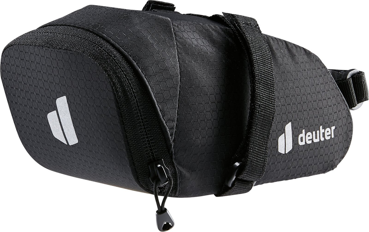 Deuter Bike Bag 0.8 black zipped saddle bag with hook-and-loop strap and reflective logo