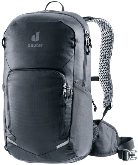 Deuter Bike I 20 cycling backpack in Black, front three-quarter view with zipped front pocket