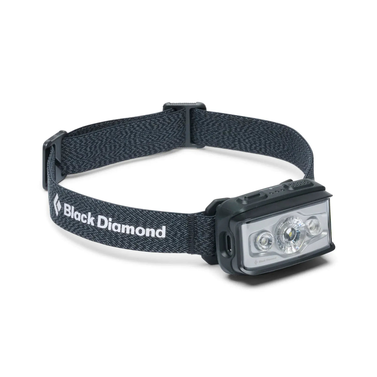 Black Diamond Storm 550 headlamp in Black on a dark grey headband