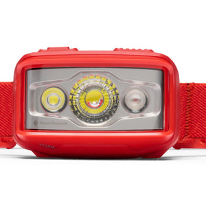 Front of the Black Diamond Storm in Octane red with its three lenses
