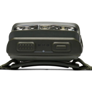 Top of the Black Diamond Storm in Tundra with two buttons and battery indicator lights