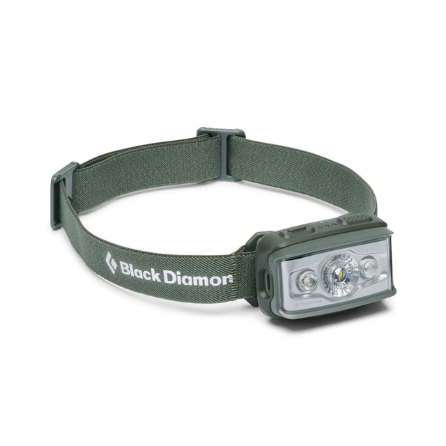 Black Diamond Storm 550 headlamp in Tundra sage green on its headband