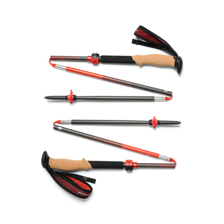 Black Diamond Pursuit Carbon FLZ poles folded into three sections, black carbon with red Octane joints