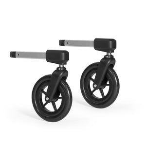 Burley 2-Wheel Stroller Kit: two black swivel stroller wheels on silver square-tube mounting arms