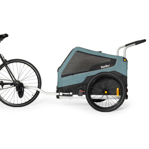 Burley Bark Ranger hitched behind a bicycle as a dog bike trailer, side view