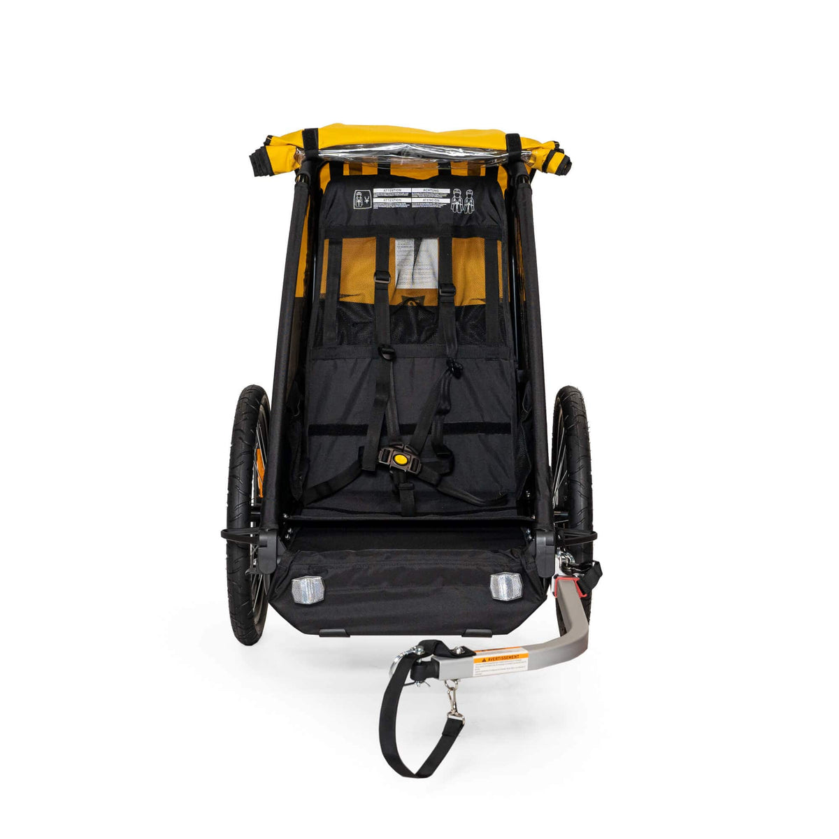 Burley Bee Single front view with the cover open, showing one seat with harness
