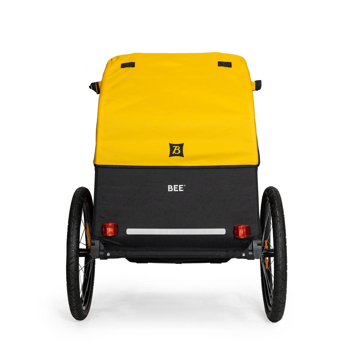 Burley Bee Double rear view showing the yellow cover and rear reflectors