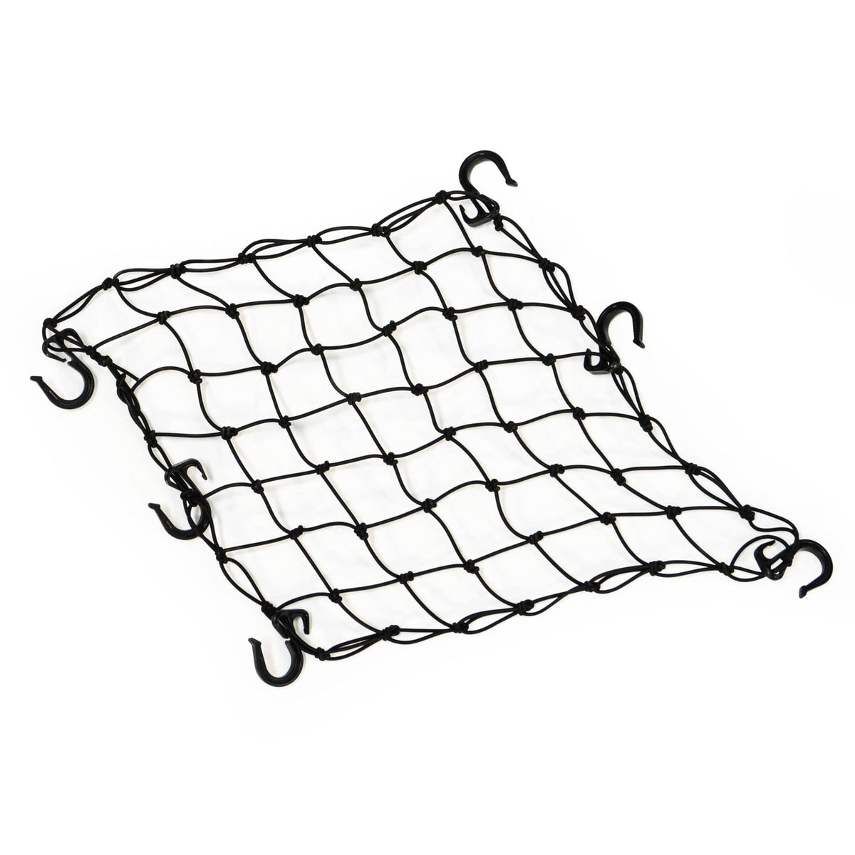 Burley Cargo Bungee Net laid flat, black elastic mesh with black plastic hooks around the edge