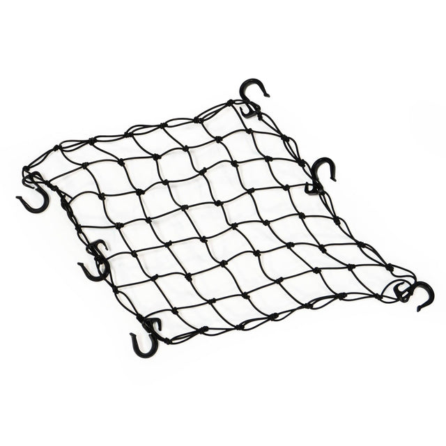 Burley Cargo Bungee Net laid flat, black elastic mesh with black plastic hooks around the edge