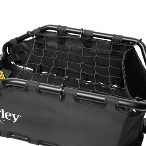 Black Burley Cargo Bungee Net hooked across the frame tubes of a black Burley cargo trailer