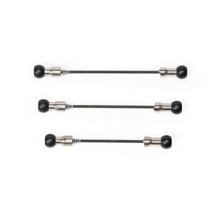 Three Burley Coho 5mm Skewers in different lengths, black shafts with silver and black end fittings