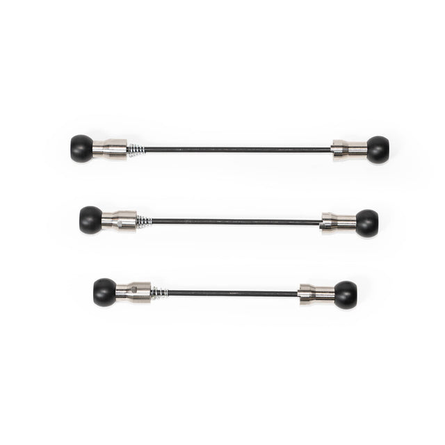 Three Burley Coho 5mm Skewers in different lengths, black shafts with silver and black end fittings