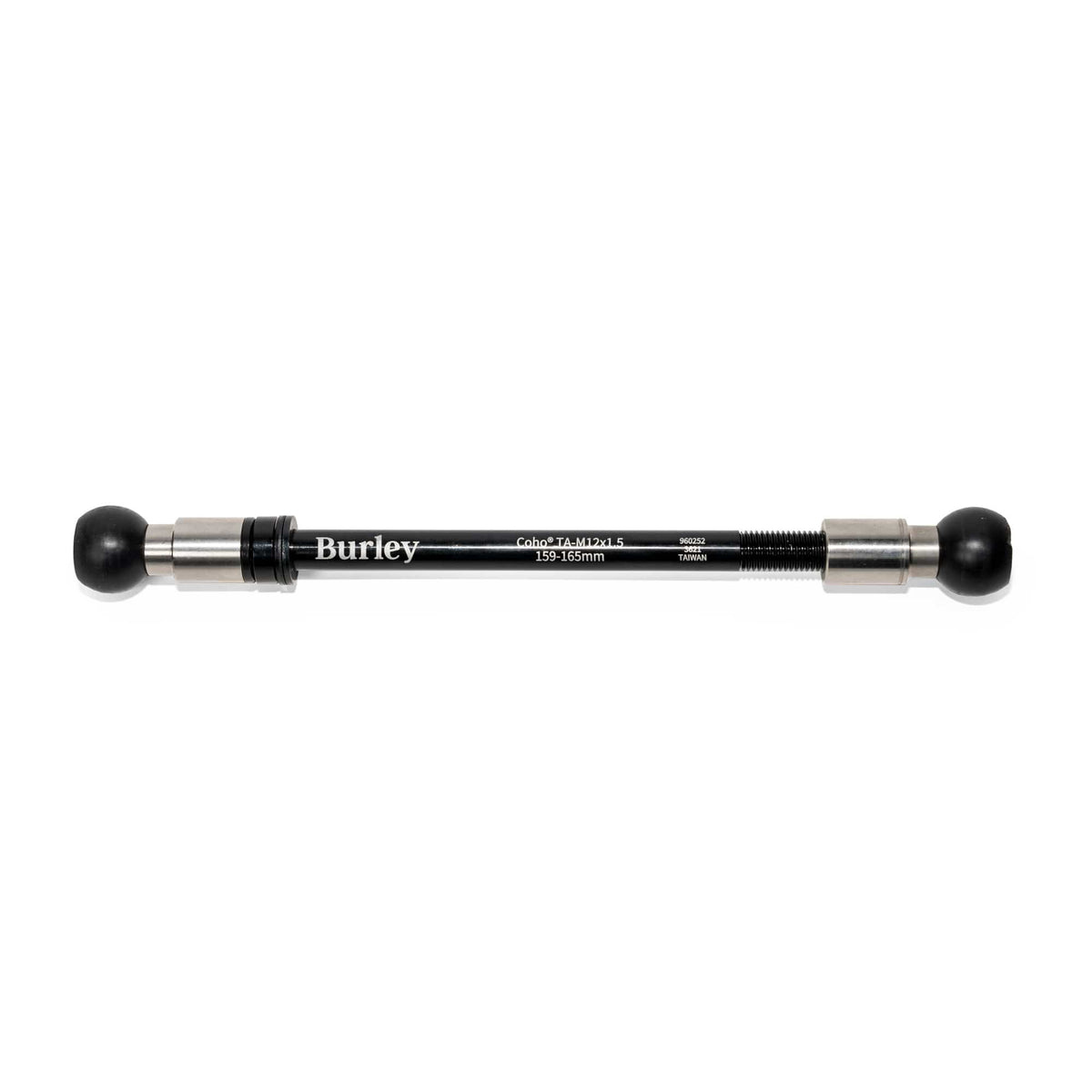 Burley Coho Thru Axle printed M12 x 1.5 159-165mm, threaded collar on the left and black ball ends