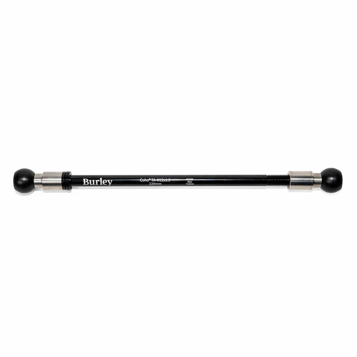 Burley Coho Thru Axle printed M12 x 1.5 229mm, long black shaft with black ball ends
