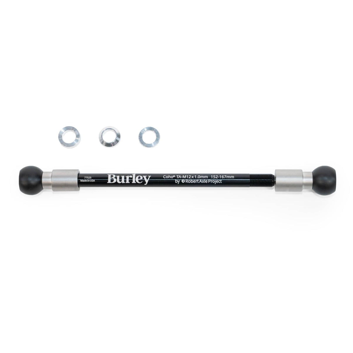 Burley Coho Thru Axle printed M12 x 1.0 152-167mm, black shaft with silver end collars and black ball ends, three rings shown above