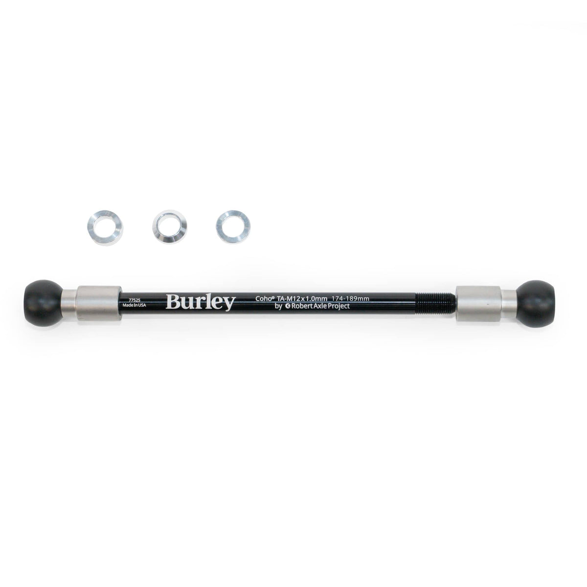 Burley Coho Thru Axle printed M12 x 1.0 174-189mm, silver collars at each end and three rings