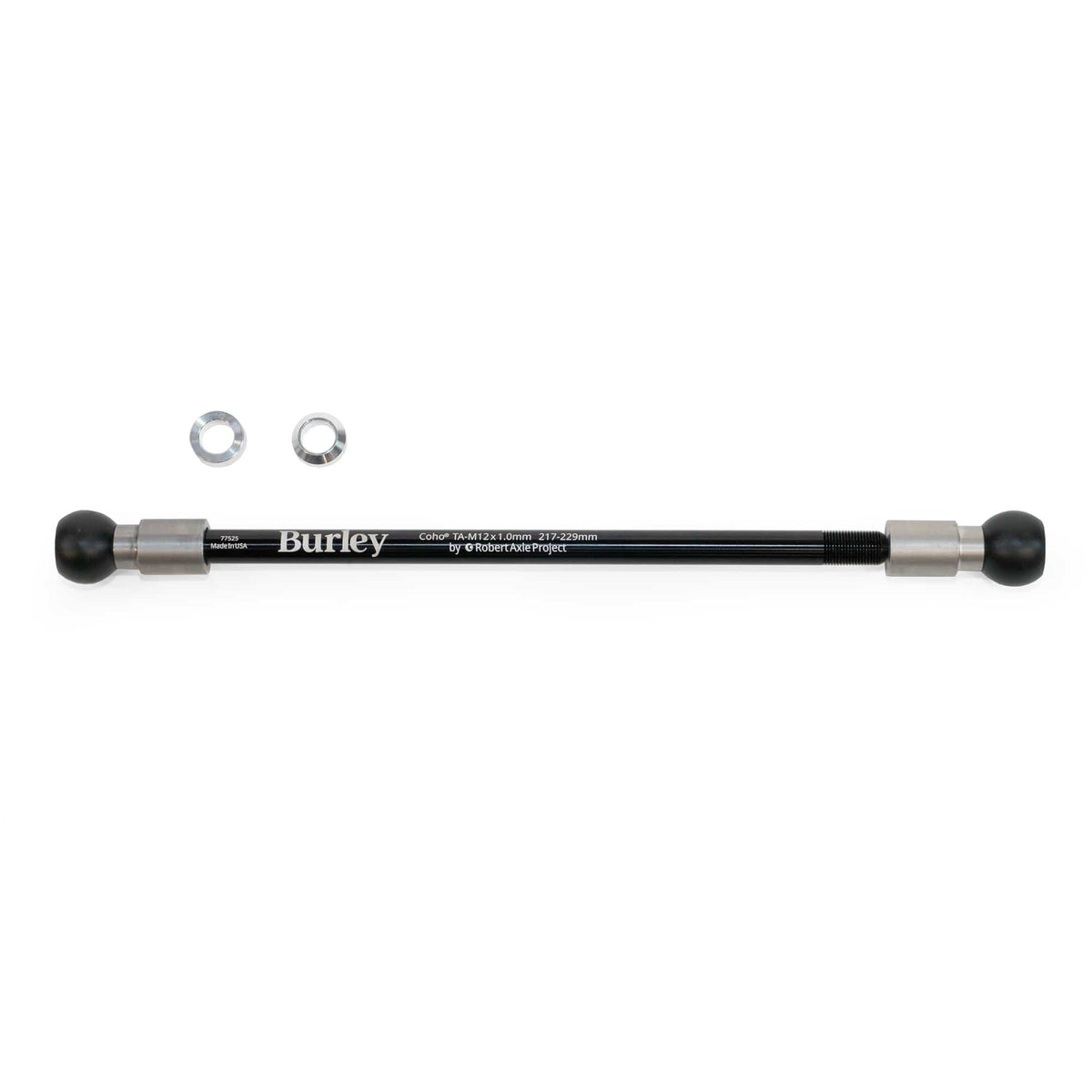 Burley Coho Thru Axle printed M12 x 1.0 217-229mm, slim black shaft and two rings shown above