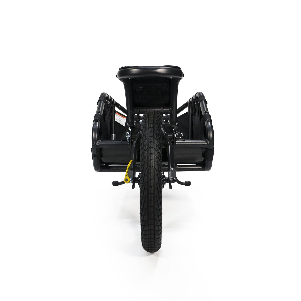 Burley Coho XC from behind, single tyre centred under the empty cargo frame and rear rack