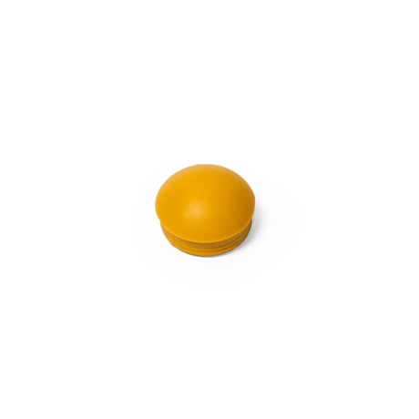 Burley yellow rubber dust cap for push button trailer wheels, domed top with a ribbed lower edge