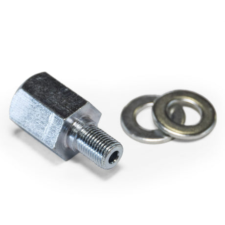 Burley Hitch Adapter, hex-bodied silver spacer with a threaded stub, shown with two washers