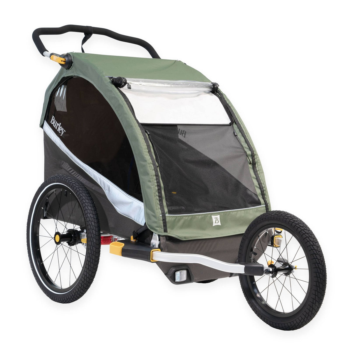 Green Burley double kid trailer fitted with the Jogger Kit, 16-inch wheel out front, ready to run
