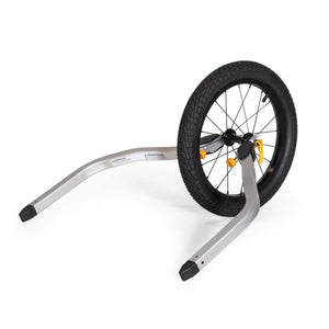 Burley Jogger Kit Double, silver arms with a 16-inch black front wheel and yellow quick releases