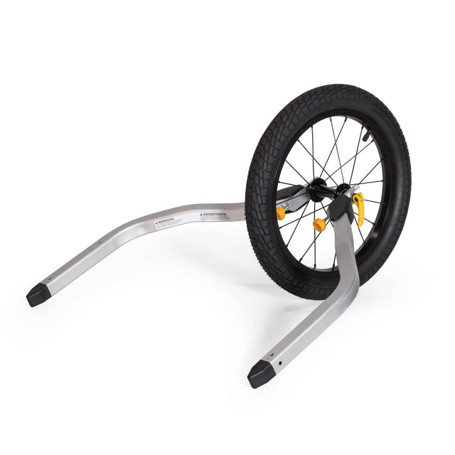 Burley Jogger Kit Double, silver arms with a 16-inch black front wheel and yellow quick releases