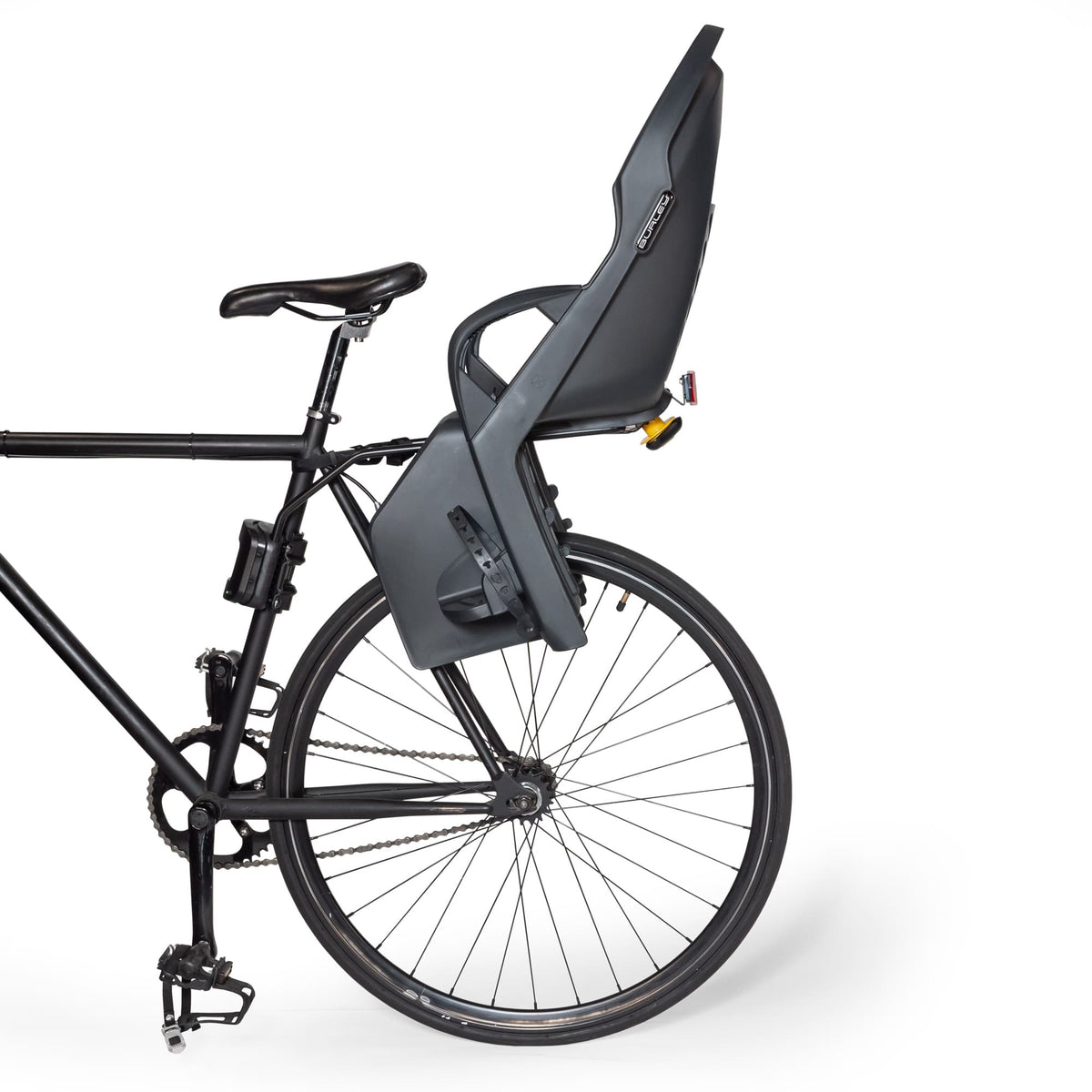 Grey Burley Dash FM child bike seat mounted on a black bike behind the saddle via the Standard Rails